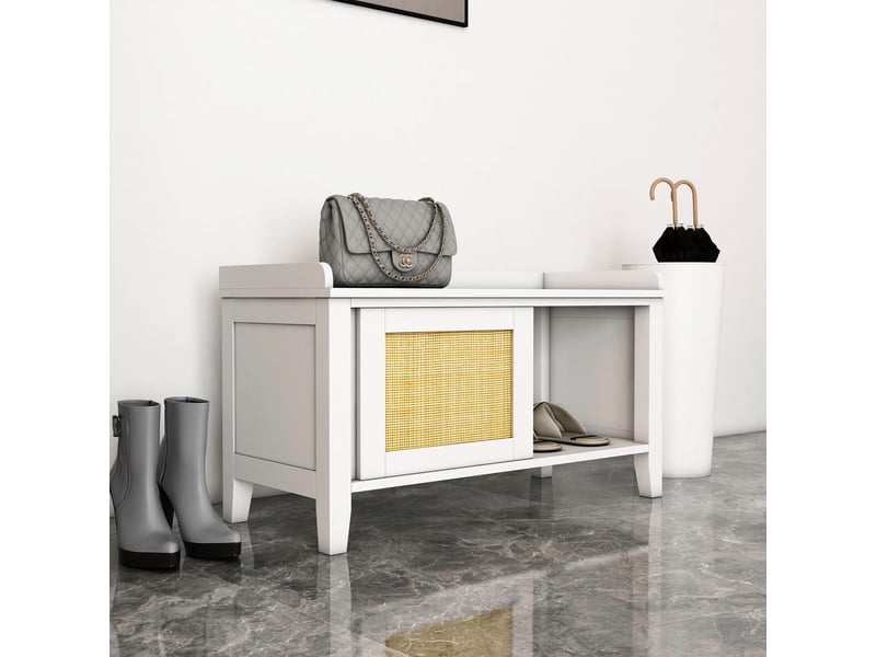  Banc à chaussures meuble de rangement avec porte coulissante et façades rotin tissé 80 x 35 x 45 cm blanc  - Conforama D