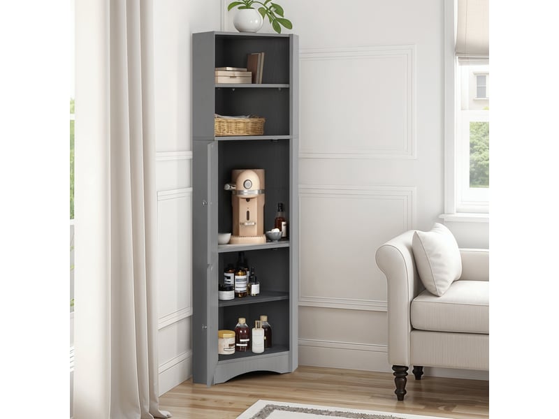 Meuble de salle de bain d'angle avec deux compartiments d'extension, compartiment ouvert avec fond réglable, 36,5 x 36,5 x 155 cm, gris clair - Conforama B
