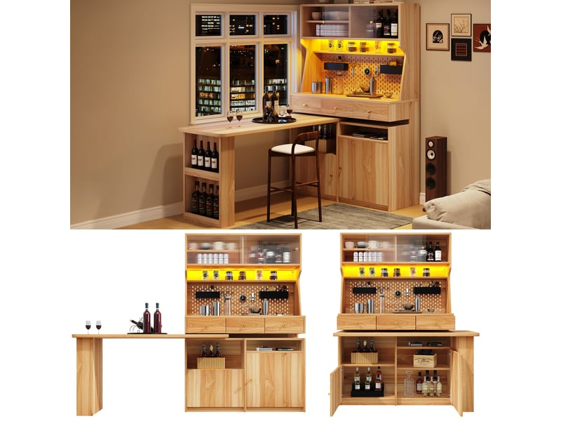  Buffet de cuisine multifonction 137x45x178 cm, avec bureau escamotable, portes vitrées et panneau perforé, led rgb, naturel  - Conforama B