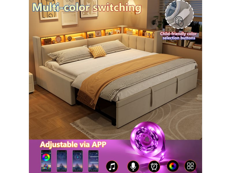  Lit banquette extensible 90x200180x200 cm effet lin beige avec led, niche de rangement ouverte et fonction canapé lit minimaliste Morn Vibe - Conforama D