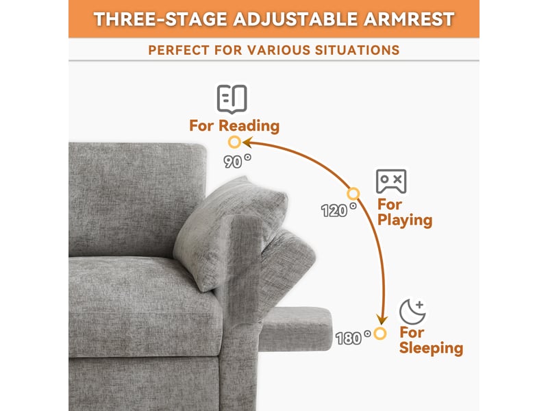  Canapé d'angle modulable ul 4-6 places 284x156,5x86 cm, style nuage, 2 poufs, accoudoirs réglables, 6 coussins, chenille gris  - Conforama E