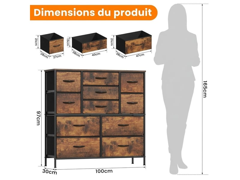  Chiffonnier meuble 100x30x97 cm onze tiroirs tissu marron rustique metal noir chambre  - Conforama E