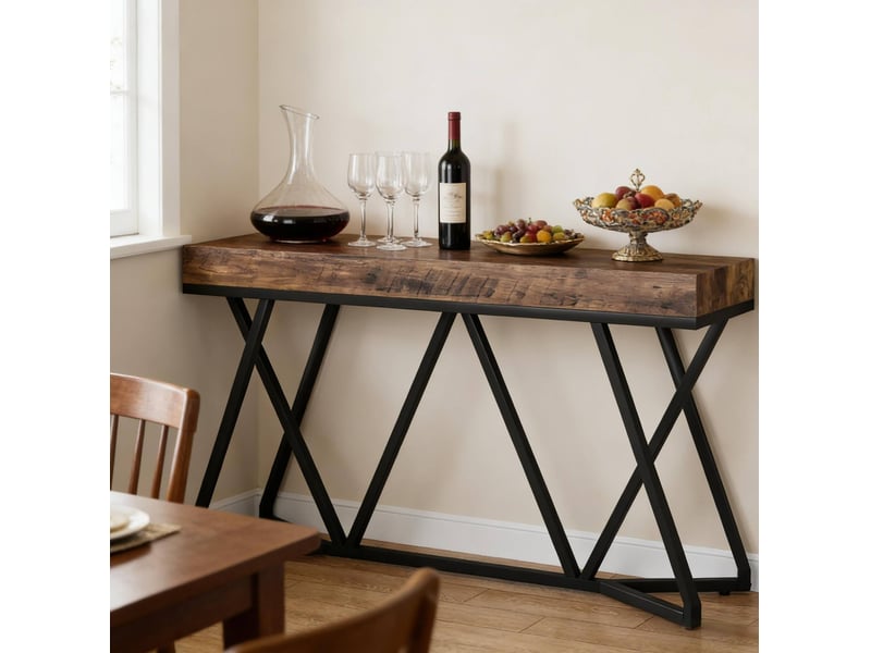  Table console 140x30x90 cm industrielle mdf métal noir et brun rustique  - Conforama E