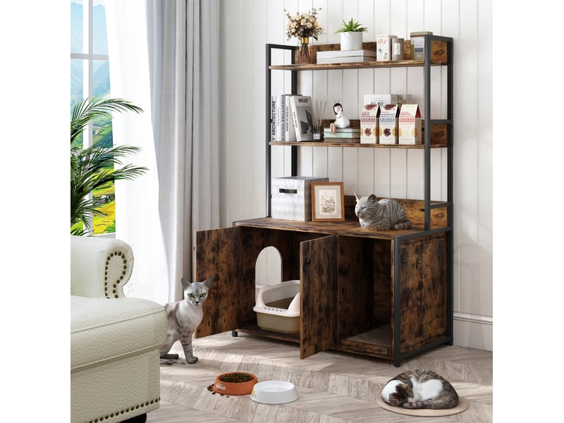  Meuble cache-litière avec étagères 89,5 x 45 x 132 cm – marron – rangement 3 niveaux, portes magnétiques  - Conforama B