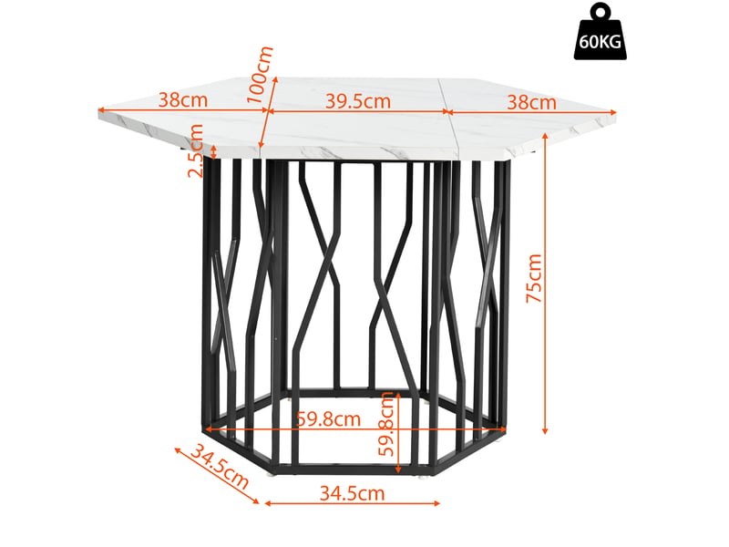  Table à manger hexagonale 115,5 x 100 cm en mdf effet marbre, noir et blanc  - Conforama C