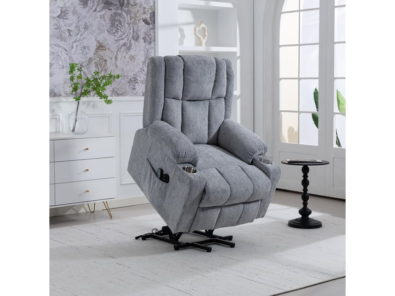 Fauteuil releveur électrique avec massage chauffant, dossier inclinable et repose-pieds, pour salon et espace de repos senior - Conforama E
