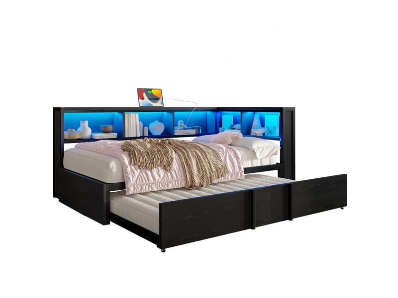  Modenvie lit banquette gigogne 90x200 cm - avec rangements, led et ports usb - pour petit espace - noir  - Conforama A