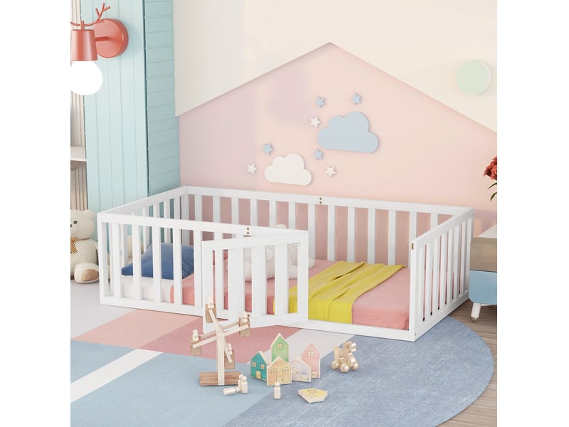 Modenvie lit enfant au sol 90x200 cm - barrière en pin massif et porte, sans sommier - blanc - Conforama B