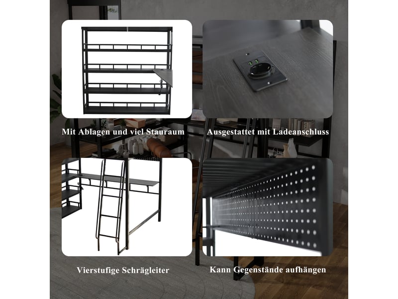 Lit mezzanine double 140×200 cm étagères et port de charge - sans matelas, métal et bois - noir - Conforama E