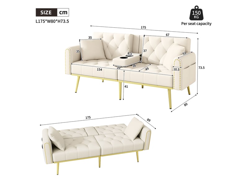  Canapé droit fixe 2 places velours beige canapé beige - Conforama C