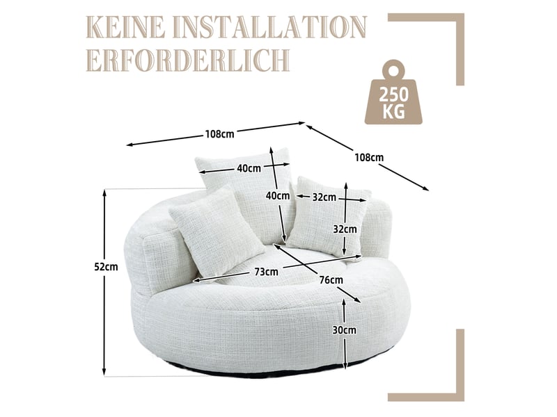  Fauteuil lounge modenvie en chenille beige 108 x 108 cm avec 3 coussins  - Conforama C