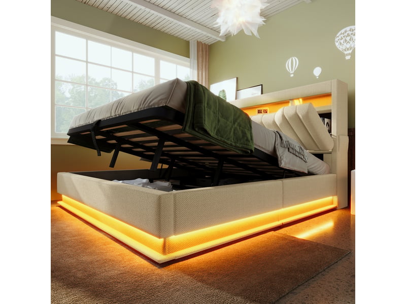 Lit coffre beige en lin, ouverture hydraulique, led et ports usb, 140x200 cm - Conforama D