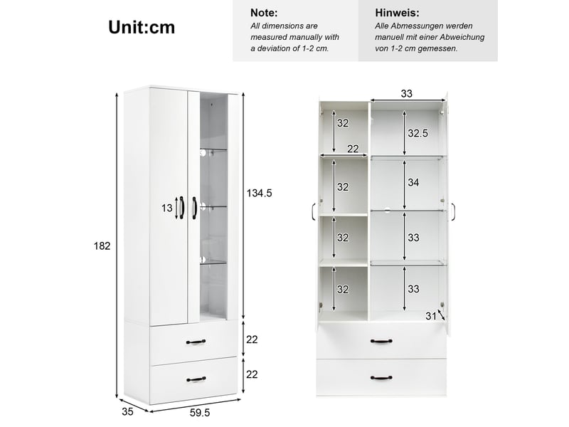 Vitrine led avec 2 portes, 2 tiroirs et 5 compartiments de rangement pour salon, blanc, 59,5 × 35 × 182 cm - Conforama D