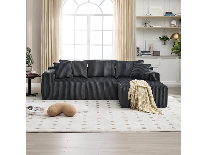  Canapé modulable avec méridienne 3 places velours côtelé 257x160 cm gris avec coussins et porte-gobelets  - Conforama D
