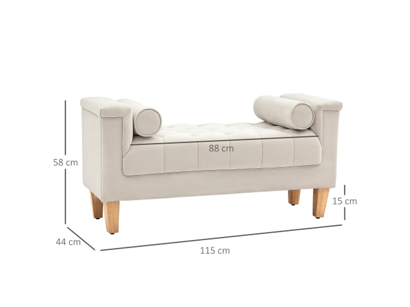  Banc beige en chenille avec accoudoirs, 2 coussins cylindriques, cadre en bois, 115x44x58 cm  - Conforama C