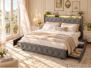 Lit 140x200 cm avec led- tête de lit avec étagère- lit capitonné pu gris- sommier à lattes inclus