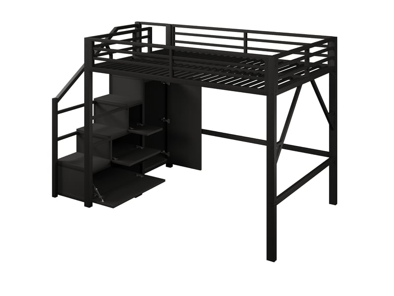  Lit mezzanine 140 × 200 cm, armoires de rangement, led, garde-corps hauts, escalier et étagères, métal et mdf, noir  - Conforama A