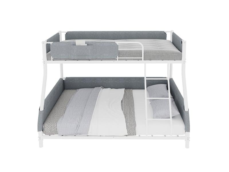  Lit superposé 90x190 et 140x190 cm, poche en lin amovible, barrières rembourrées, fer, blanc ancien, sans matelas  - Conforama A