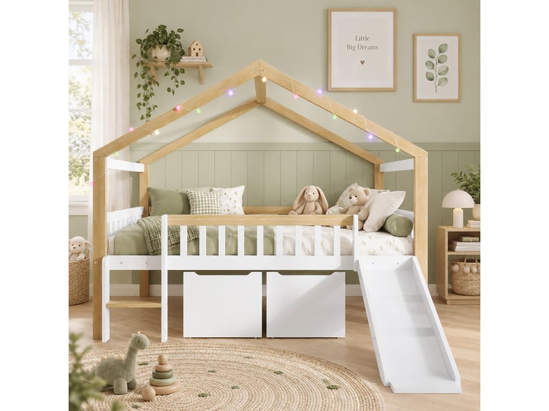 Lit mezzanine 120x200 cm - avec toboggan - avec échelle - 2 tiroirs - barrière de sécurité - bois - structure multifonction - bois naturel et gris CozyNest - Conforama C