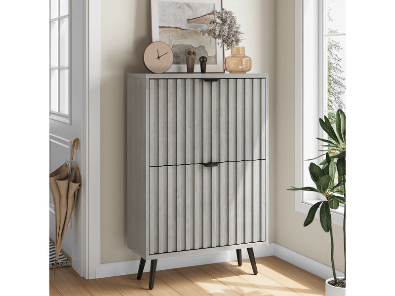  Meuble à chaussures gris 60x24x94 cm avec portes abattantes et panneaux rainurés mdf pour entrée et couloir  - Conforama B