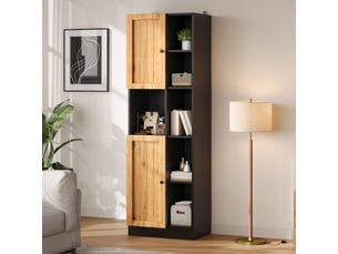 Meuble d'angle de cuisine avec 2 portes, 6 niches et étagères réglables en mdf, noir et chêne 50×35,5×170 cm