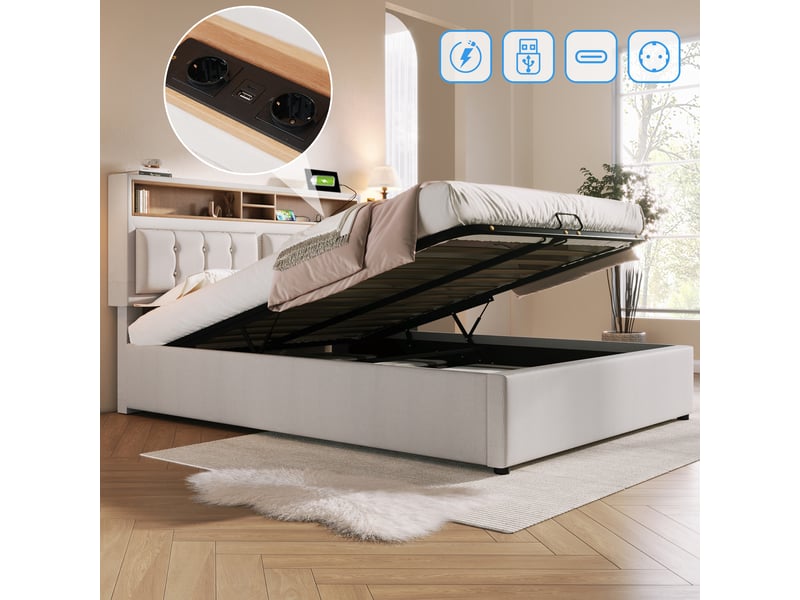  Lit coffre 140x200 capitonné avec tête de lit réglable et prises usb  - Conforama E