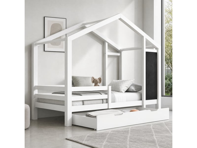 Lit enfant cabane 90x200 cm blanc avec tableau et 2 tiroirs - Conforama B