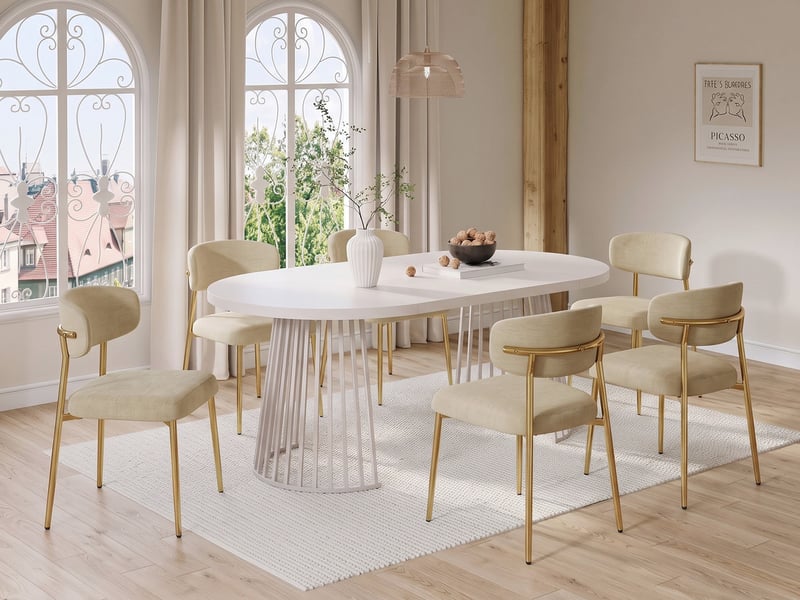  Ensemble table et chaises, table extensible 100/138/176x100cm cachemire, plateau épais, 6 chaises réglables en hauteur, doré, marron  - Conforama B