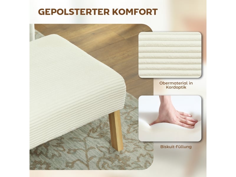  Tabouret avec coussin d'assise moelleux, pieds en bois, repose-pieds aspect velours côtelé, blanc crème 838-569V00CW - Conforama E