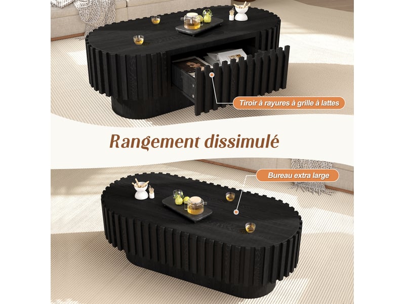  Table basse ovale 100x50x35,5 cm avec tiroir en mdf couleur noire, décor à bandes verticales, design moderne  - Conforama E
