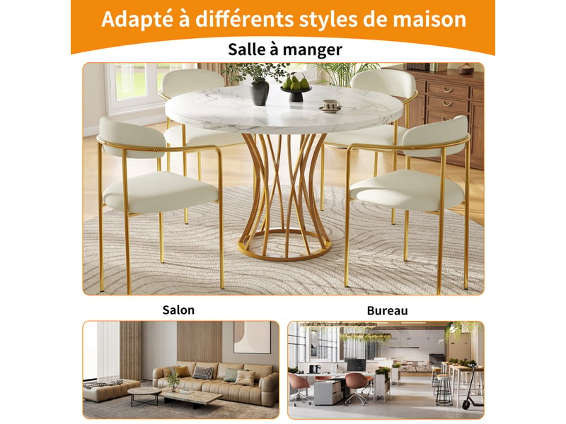 Table à manger ronde pieds métal doré et plateau mdf blanc marbré, design contemporain pour salon et cuisine, 80 x 80 x 76 cm – or - Conforama D