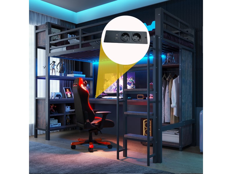 Lit mezzanine gaming 140x200 cm avec bureau intégré,armoire,étagères,led,prises européennes,barrière de sécurité haute,noir - Conforama D