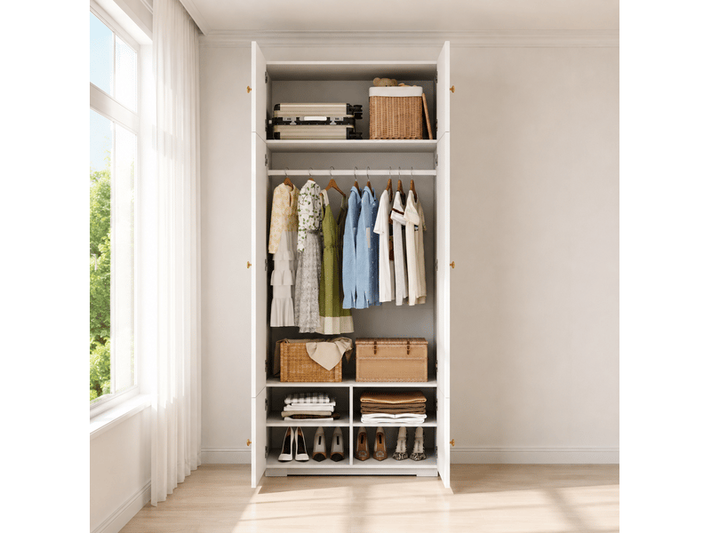  Armoire avec penderie et 5 niches de rangement, poignées dorées, pour chambre et bureau, blanche, 90 × 50 × 200 cm  - Conforama B