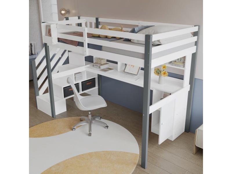  Lit mezzanine 90x200 cm, lit mi-hauteur avec échelle, étagère, bureau et casiers, en bois, blanc, sans matelas  - Conforama C