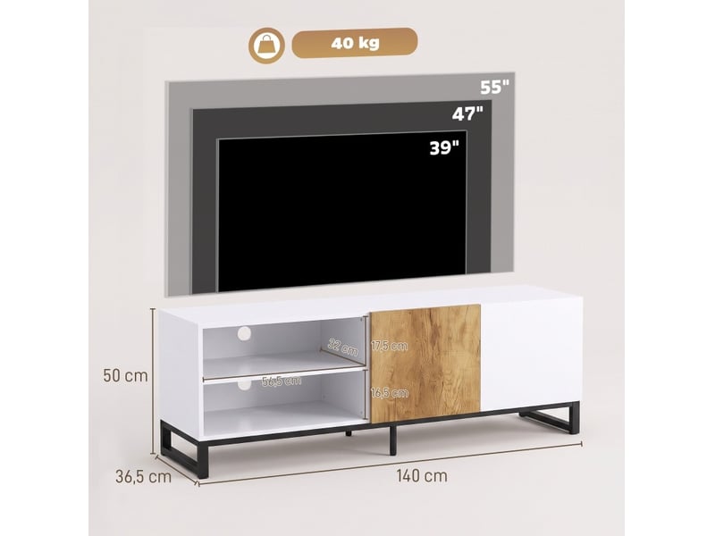  Meuble tv 140x36,5x50 cm tablettes réglables blanc et chêne clair  - Conforama E