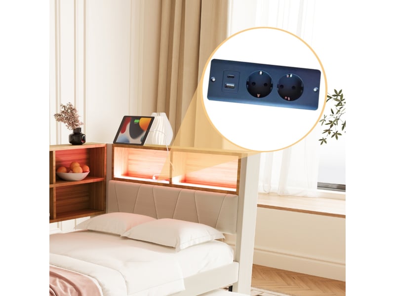  Lit gigogne 90x200 xm, flanelle, beige, avec éclairages led, prises électriques et nombreux espaces de rangement  - Conforama E