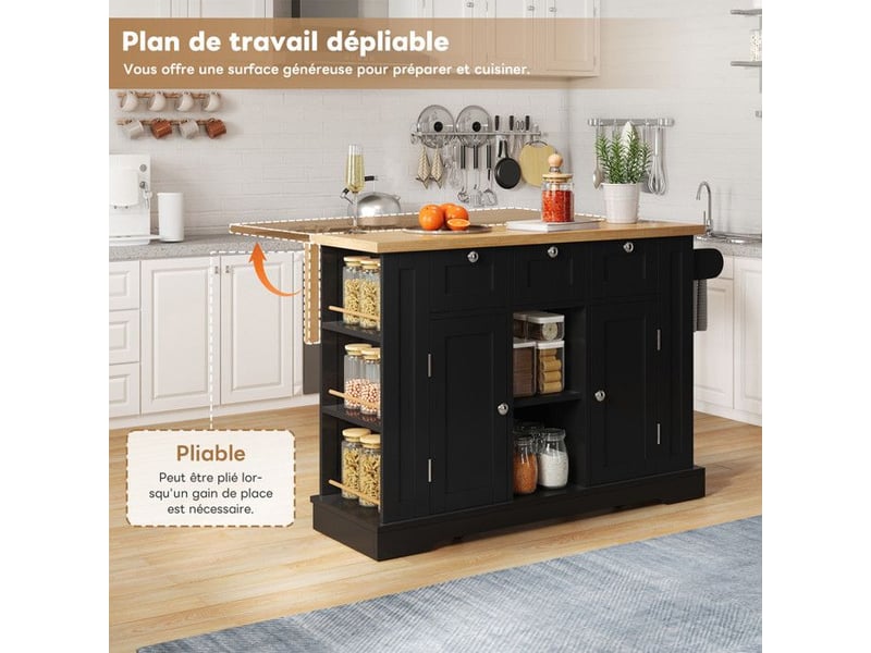  Île de cuisine mobile - 132x70x87 cm - plateau pliable - naturel+noir - mdf - 3 tiroirs - étagères à épices  - Conforama D