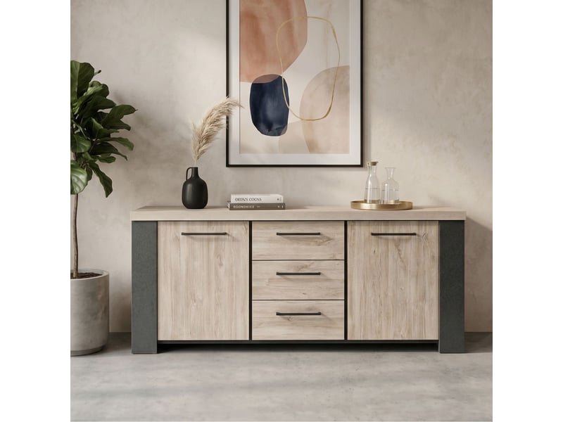  Buffet 2 portes 3 tiroirs finition chêne clair et gris ardoise - hadès HADÈS - Conforama B