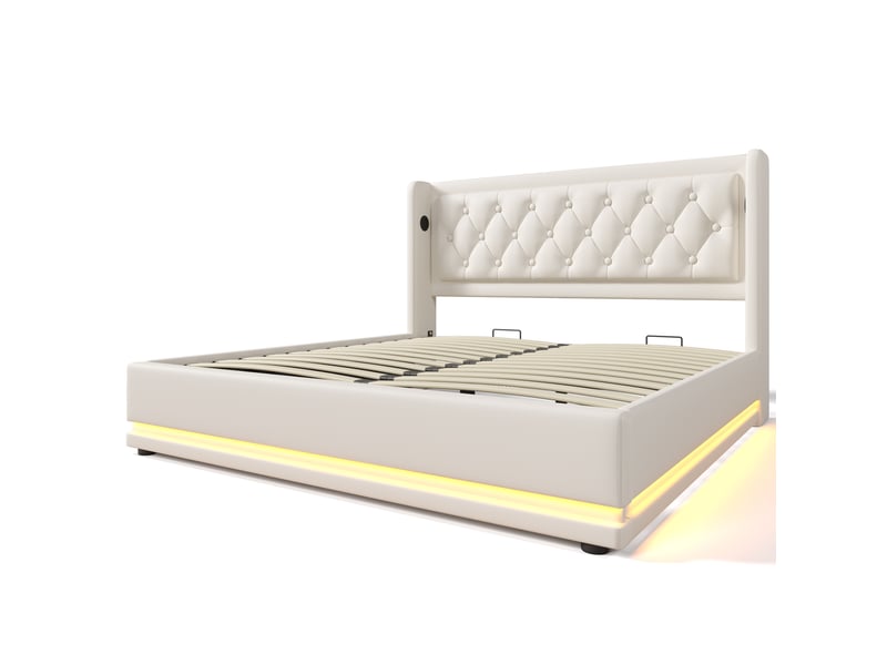  Lit rembourré 140*200 cm avec usb-c, led 3 côtés et coffre hydraulique, lit double blanc pu, matelas inclus  - Conforama A