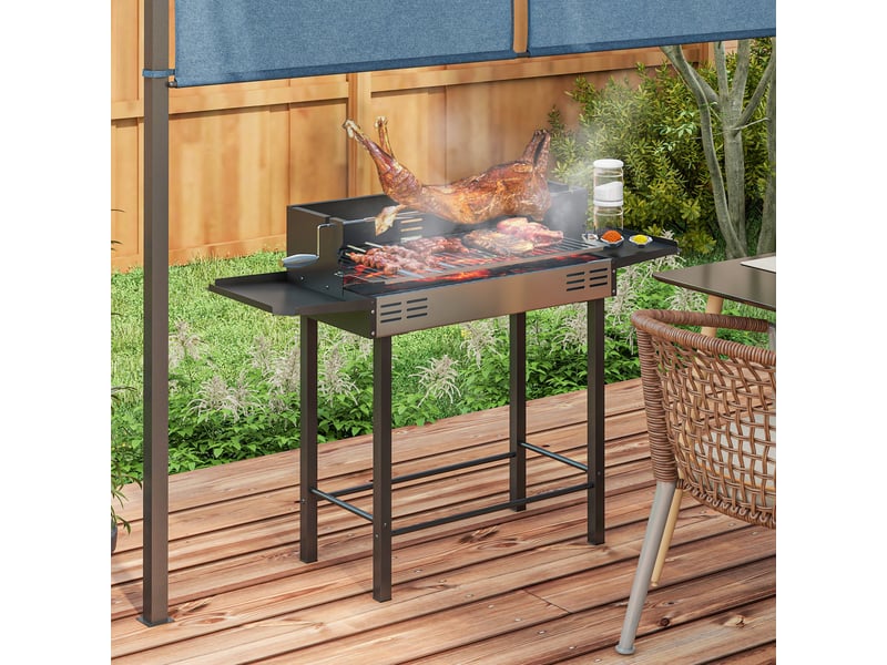  Barbecue à charbon avec rôtissoire, grille trois niveaux et étagères pliables, 118 x 32 x 90 cm  - Conforama C