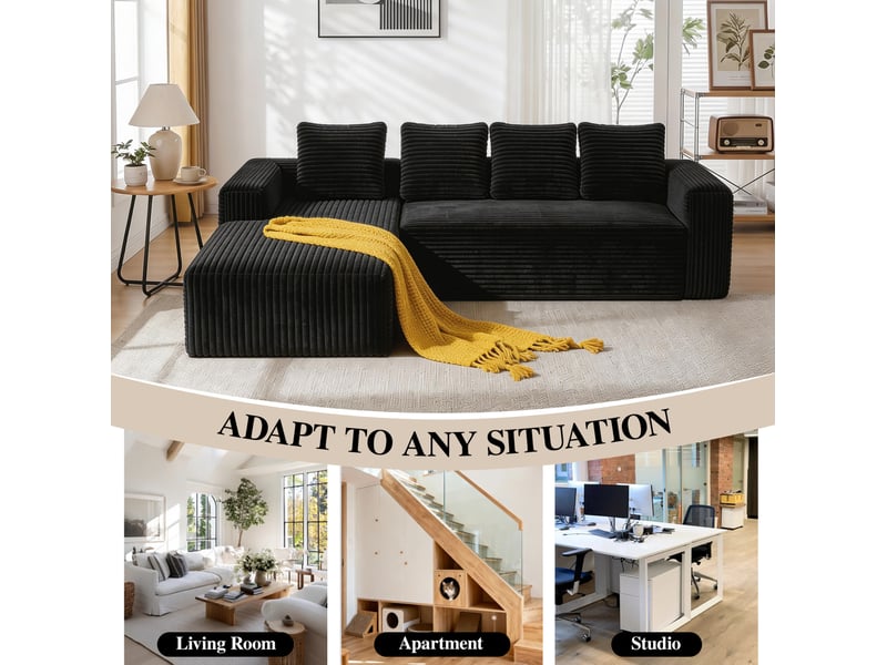 Canapé modulaire avec méridienne réversible, assise moelleuse et sans montage en velours côtelé noir - Conforama E