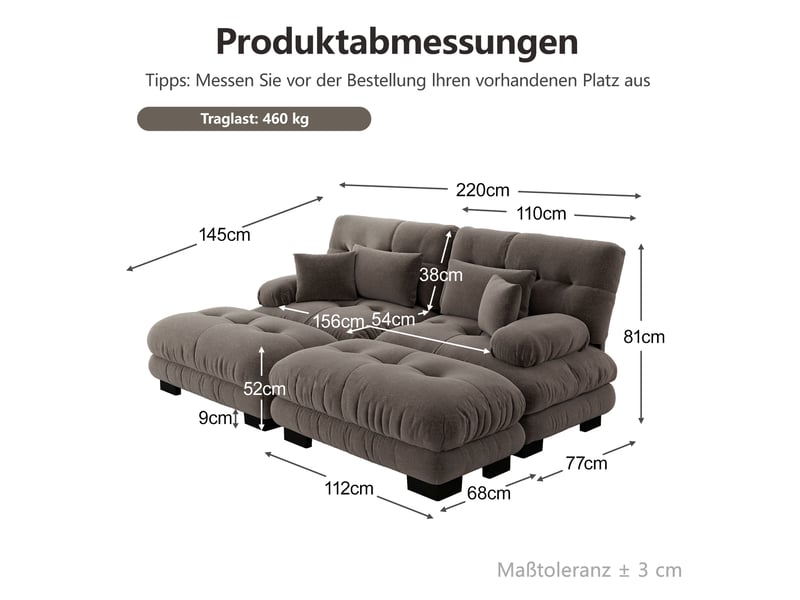 Canapé d’angle ulevr modulable 2 places en chenille marron, 220 x 145 cm, avec 2 ottomans mobiles et coussins - Conforama C