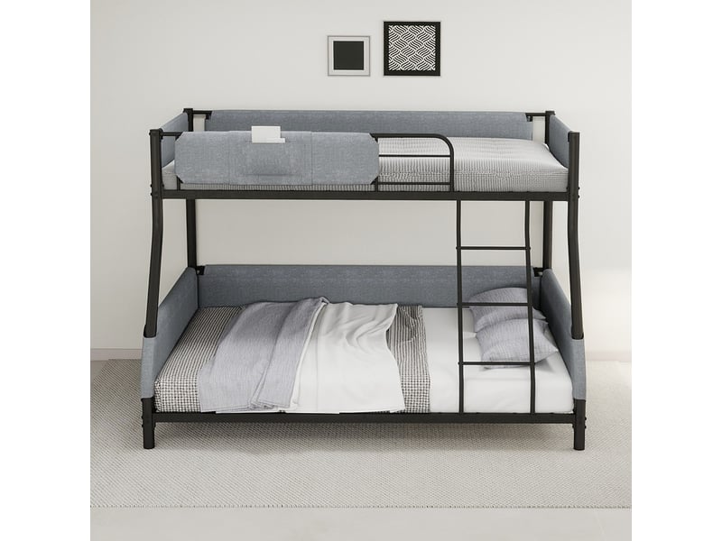  Lit superposé noir et gris - 140x190 cm, structure métallique robuste avec poche de rangement en lin amovible  - Conforama E
