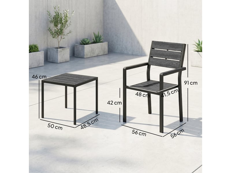  Ensemble de jardin 3 pièces avec 2 chaises et une table en pehd, design à lattes effet bois pour terrasse ou balcon, noir  - Conforama E