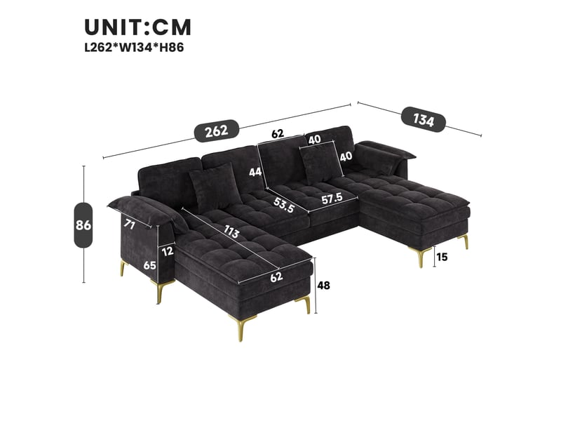 Canapé panoramique modulable 262x134x86 cm 4 places noir, 2 méridiennes - Conforama C