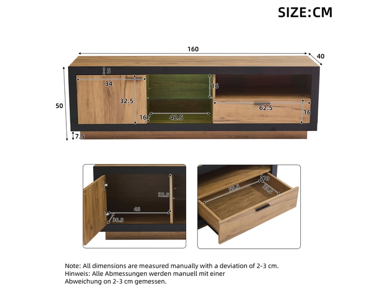 Meuble tv modenvie led 160 x 40 x 50 cm avec rangement noir et chêne  - Conforama C