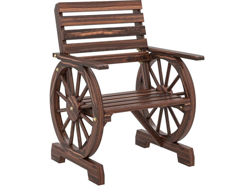  Fauteuil de jardin en bois 66x55x90 cm – bois foncé – design roue de chariot, accoudoirs larges et dossier incliné  - Conforama A