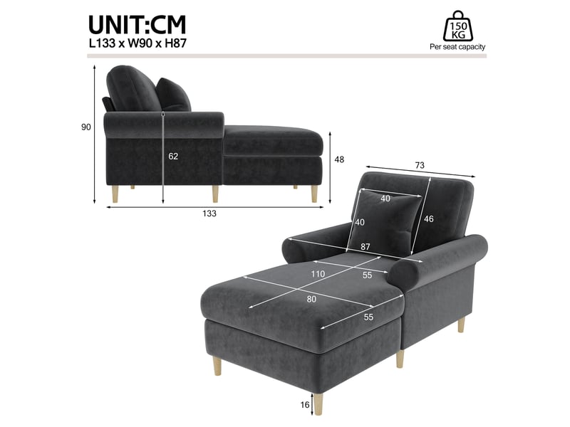 Fauteuil relax avec fonction allongée, coussin lombaire et dossier ergonomique en velours gris 133 × 87 × 90 cm - Conforama D
