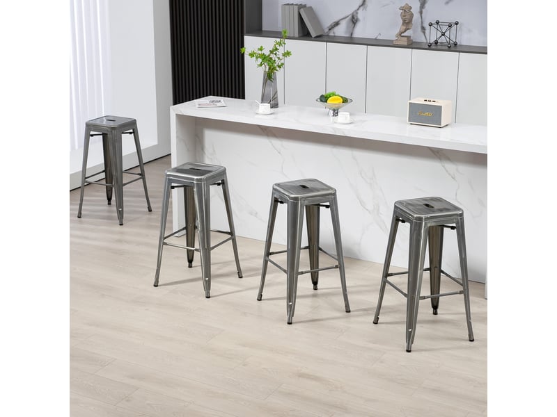  Lot de 4 tabourets de bar industriel empilables hauteur assise 76 cm métal argent  - Conforama D