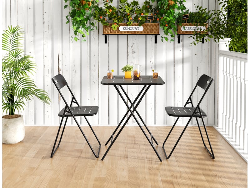  Salon de jardin bistrot pliant 3 pièces 60x60x73 cm – noir – acier e-coating, table et 2 chaises pour 2  - Conforama B